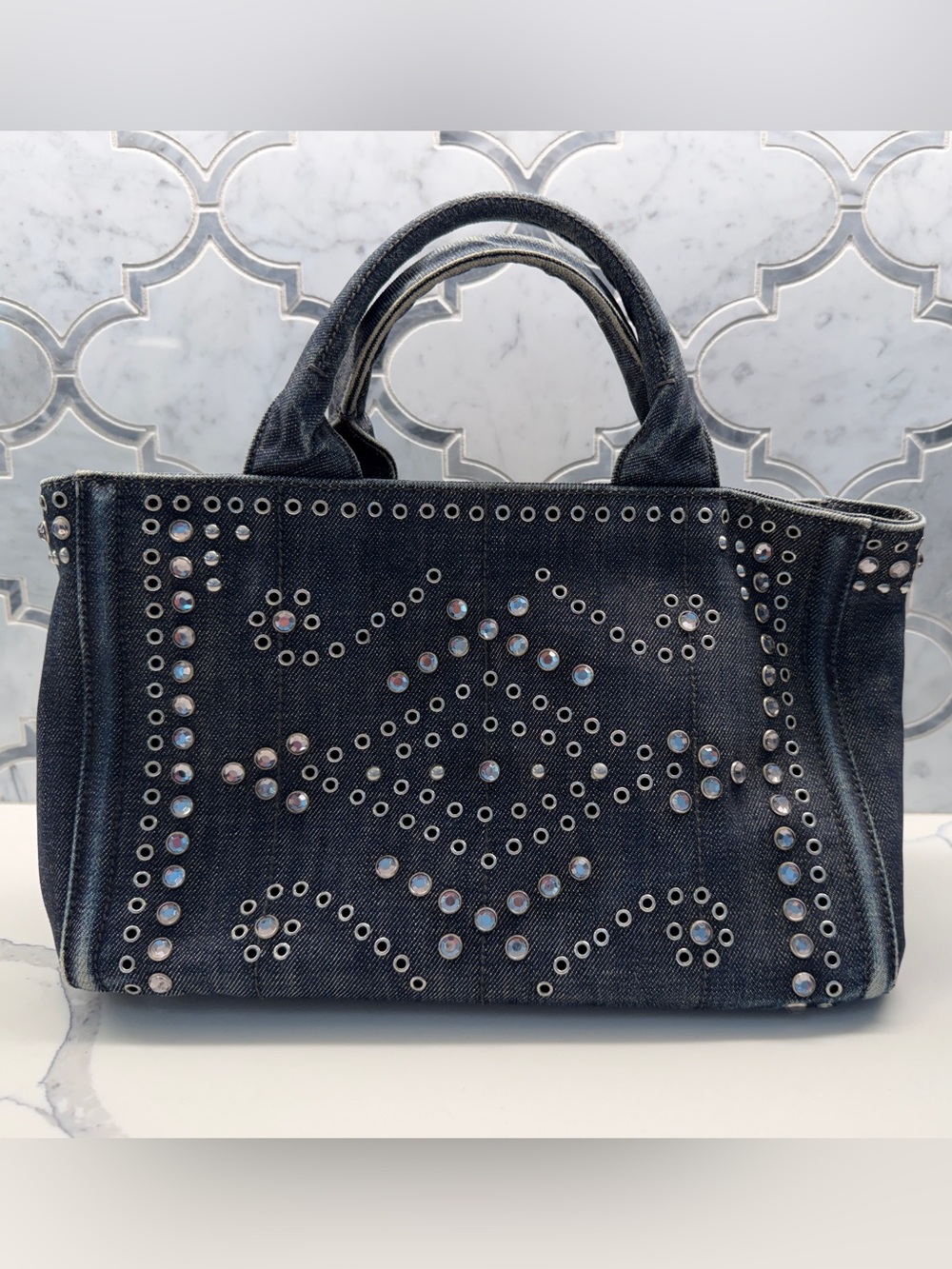 Prada Studded Denim Canapa Tote